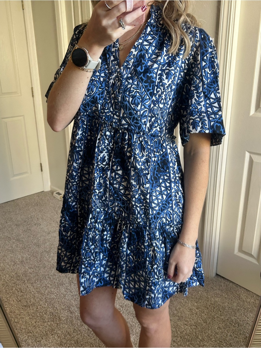 Tuckernuck Blue and White Tiered V‑Neck Midi Dress